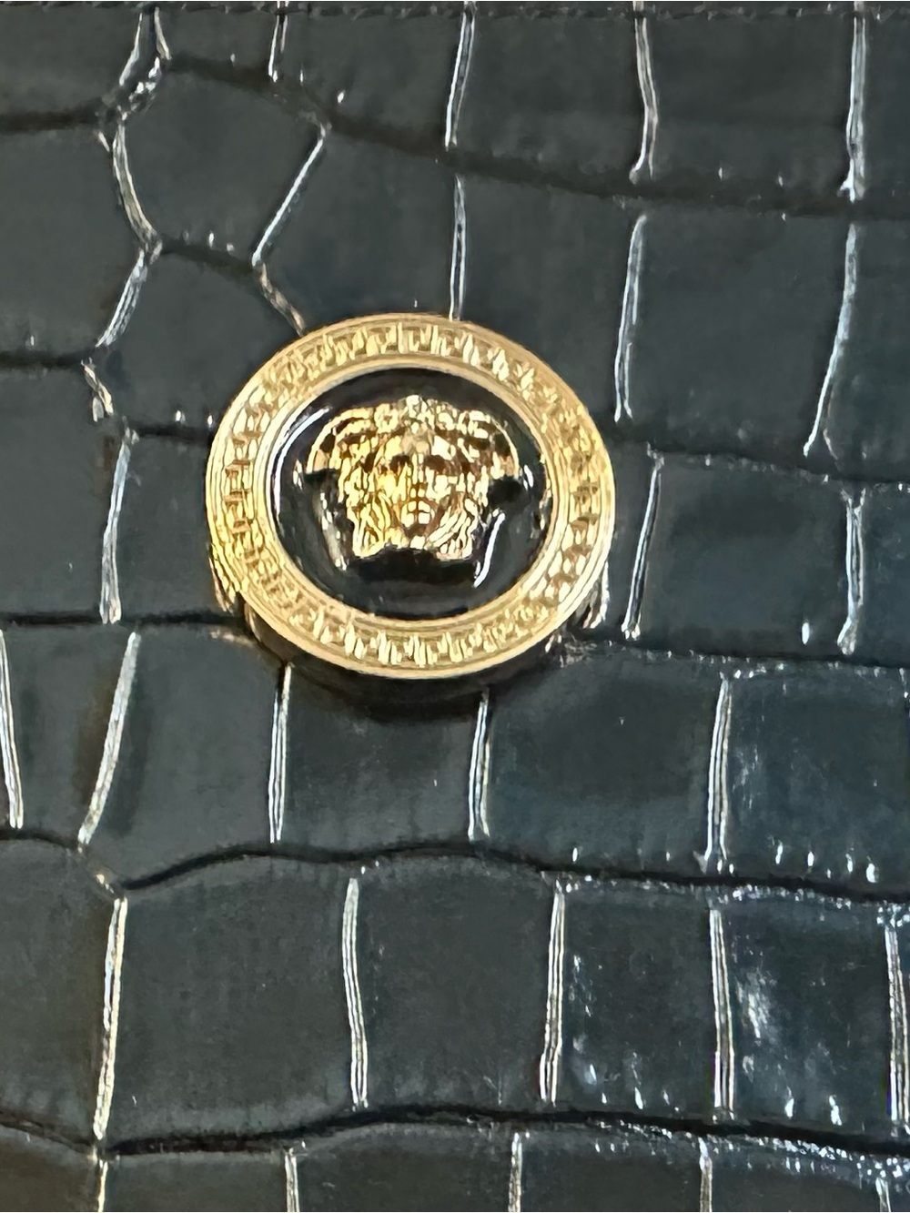 Versace Black Croc-Embossed Leather Zip Pouch with Gold Medusa Accent - Picture 4 of 9